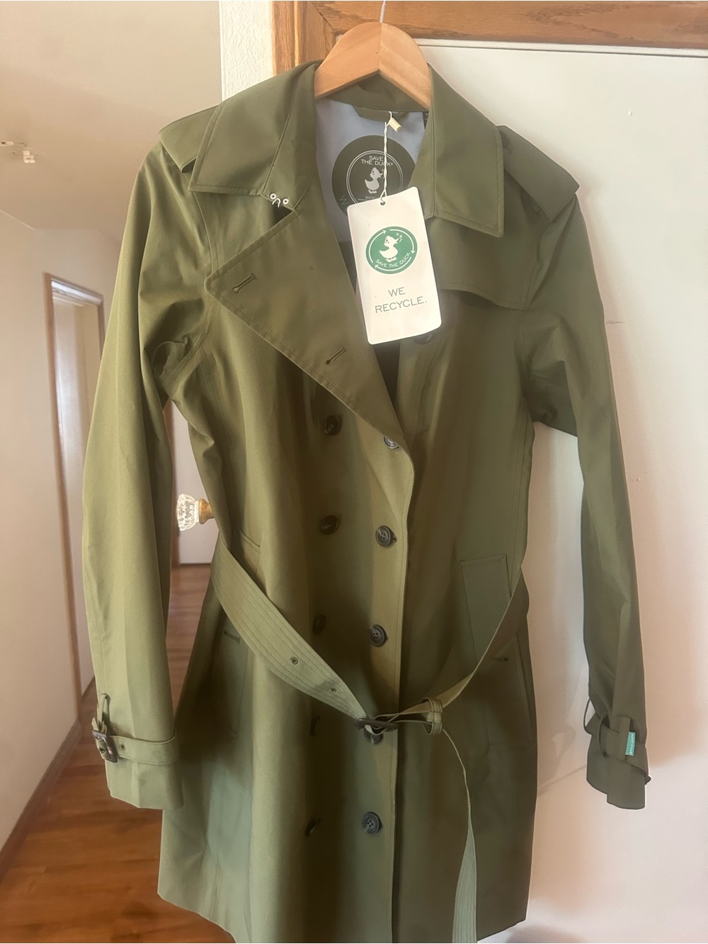 Women's Water Repellant Green “Talya” Double-Breasted Trench Coat with Belt